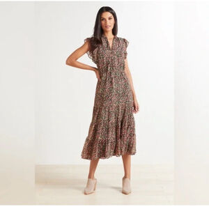 Women's BB Dakota Floral Midi Dress L Black Pink Green